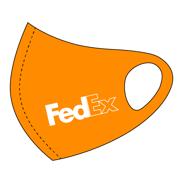 Orange face mask illustration with white FedEx logo on the side