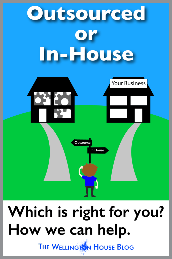 image of forked path to 2 buildings with signs pointing to each, named 'In House' and 'Outsourced'