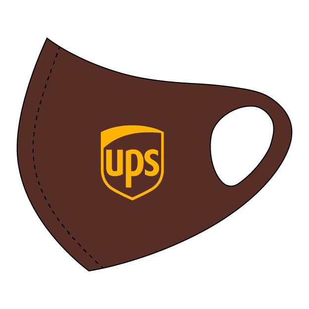 Brown face mask illustration with UPS logo on the side